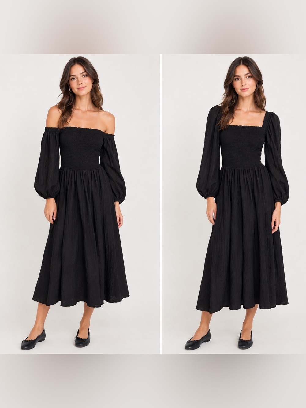 Skall Studio smocked off on shoulder Organic Cotton Dress Black Maxi Sz M 38 EU